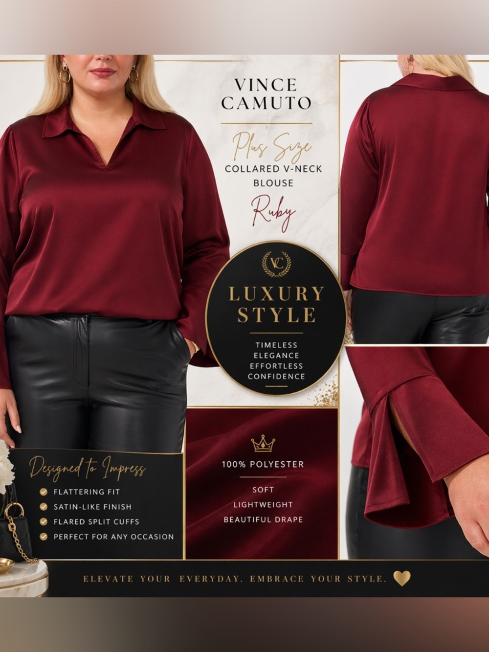 Vince Camuto Plus Size Ruby Satin Collared V Neck Blouse 1X NWT Flare Cuff - Picture 2 of 8